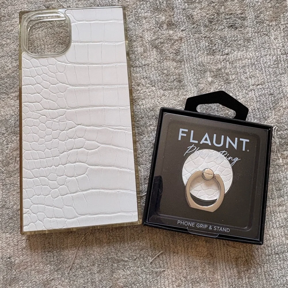 Flaunt White Crocodile Faux Leather iPhone 15 Plus Case & Matching Ring Stand - Picture 3 of 4